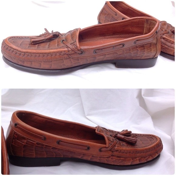 Johnston & Murphy Sz 8.5 Brown Leather Men\'s Croc Loafers Tassels Italy Slip ons